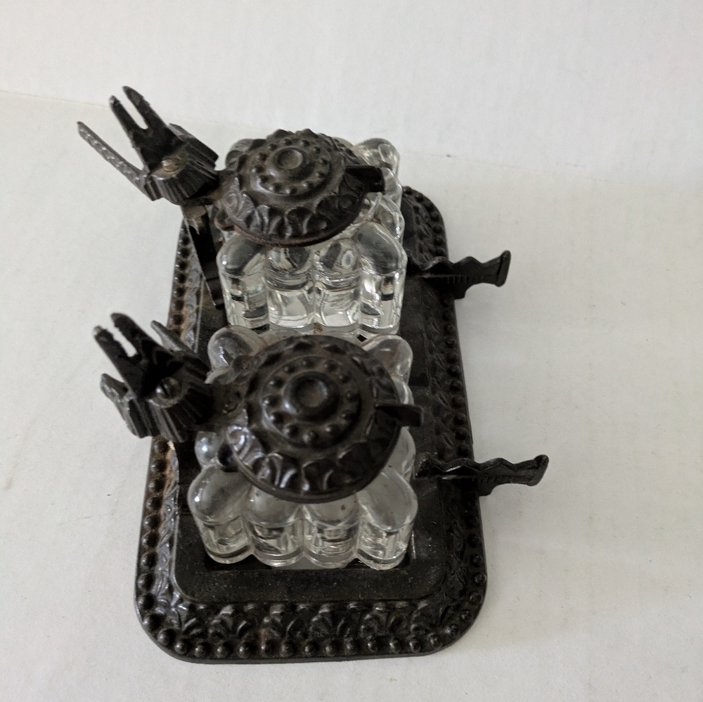 Antique- Tatum Dual Cast Iron Stand w/ Faceted Glass Ink well.